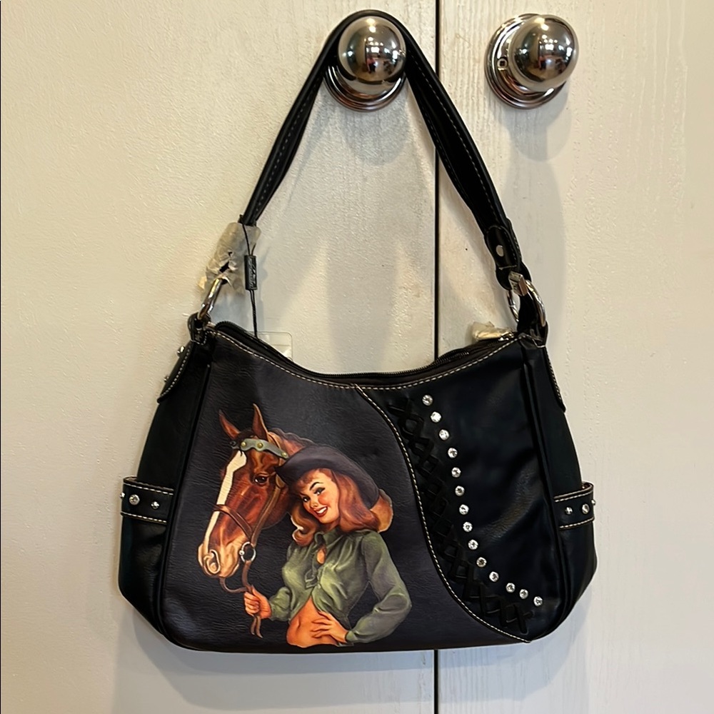 Montana West Black and Silver Shoulder Bag with Artistic Embellishments
